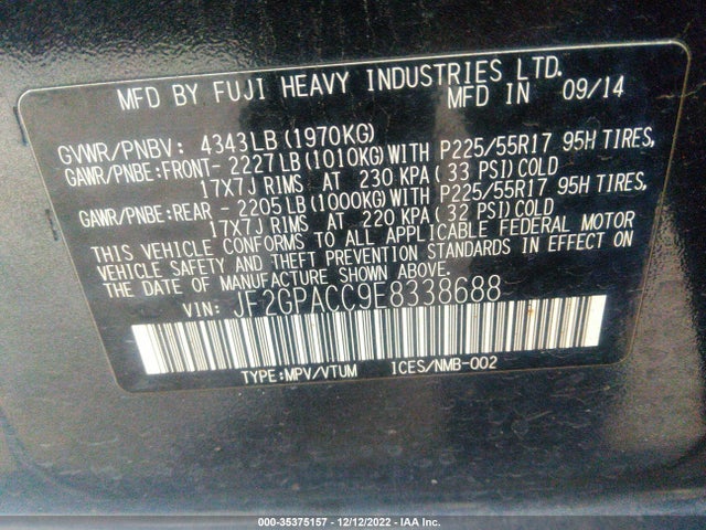 2014 SUBARU XV CROSSTREK PREMIUM VIN: JF2GPACC9E8338688