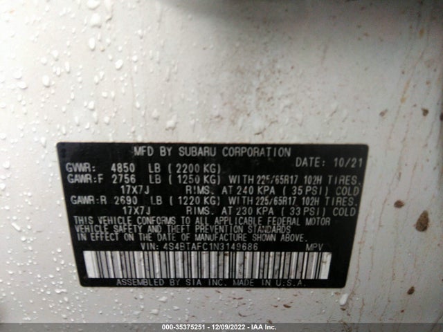 2022 SUBARU OUTBACK PREMIUM VIN: 4S4BTAFC1N3149686
