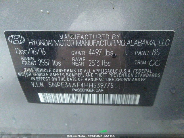 2017 HYUNDAI SONATA SPORT VIN: 5NPE34AF4HH539775