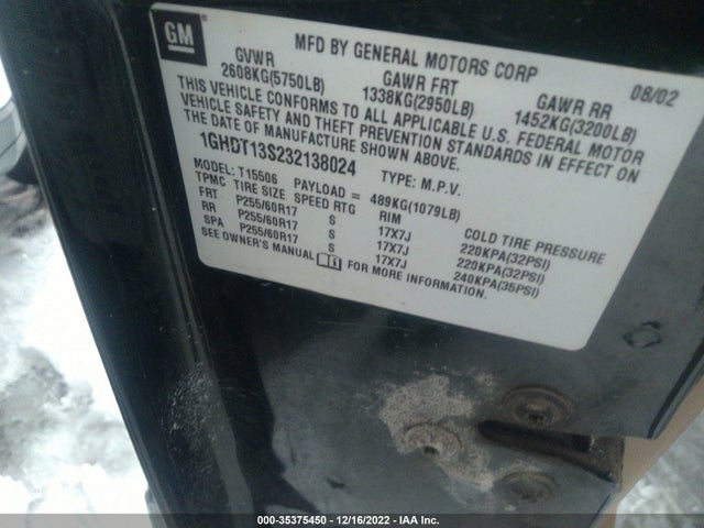 2003 OLDSMOBILE BRAVADA VIN: 1GHDT13S232138024