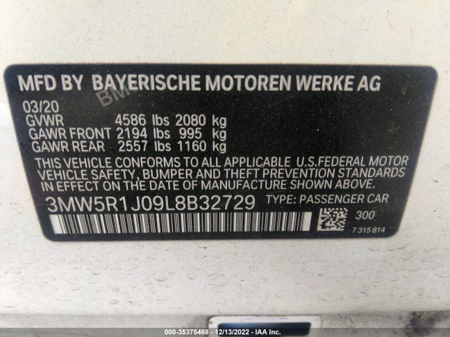 BMW 3 Series 330i 2020 аукцион фото