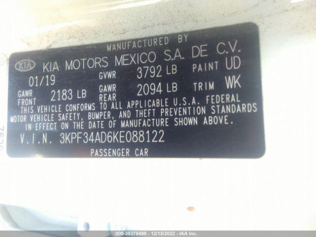 3KPF34AD6KE088122 KIA FORTE S