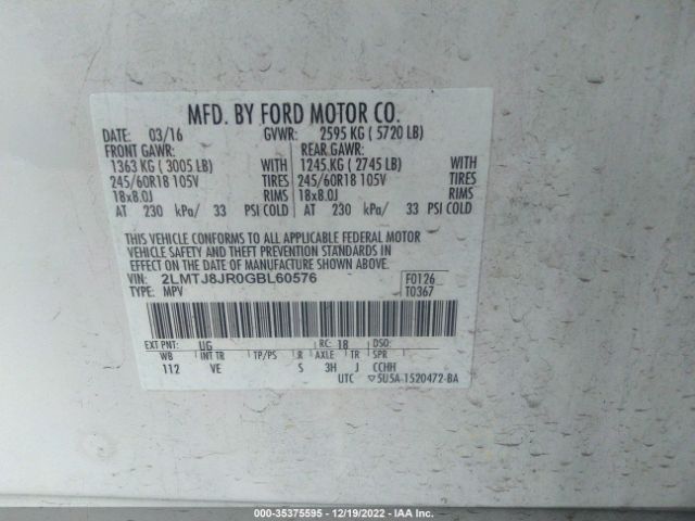 2LMTJ8JR0GBL60576 Lincoln Mkx Premiere