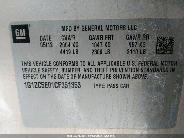 2012 CHEVROLET MALIBU LT W/1LT VIN: 1G1ZC5E01CF351353