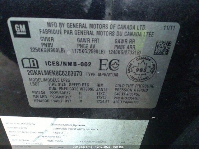 2012 GMC TERRAIN SLE-1 VIN: 2GKALMEK8C6203070