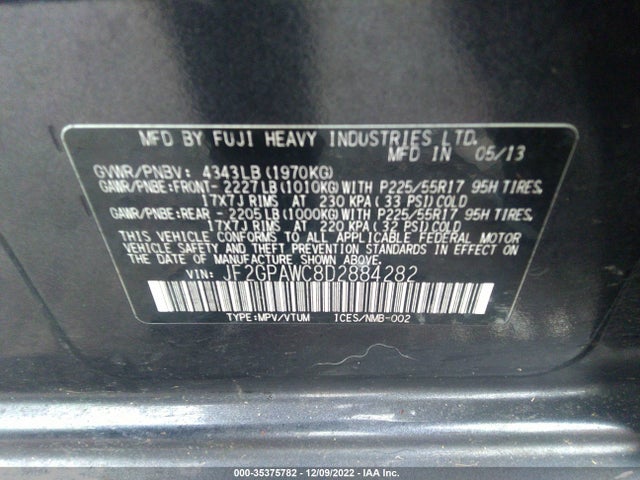 2013 SUBARU XV CROSSTREK PREMIUM VIN: JF2GPAWC8D2884282