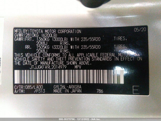 2020 Lexus RX, VIN: JTJJGKFA9L2014979