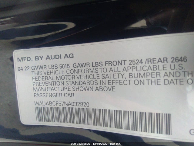 WAUABCF57NA032820 Audi A5 Sportback Premium