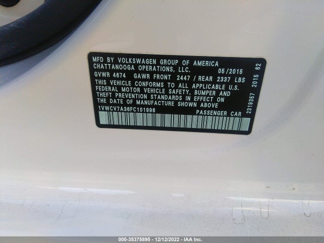 1VWCV7A36FC101998 Volkswagen Passat 2.0l Tdi Sel Premium