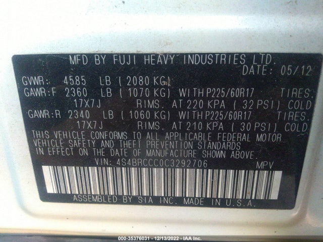 Subaru Outback 2012 4S4BRCCC0C3292706 Image 9