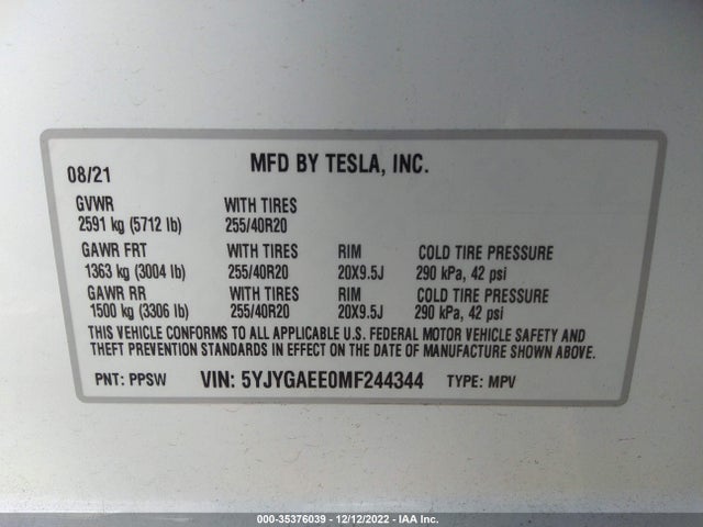 2021 Tesla Model Y, VIN: 5YJYGAEE0MF244344