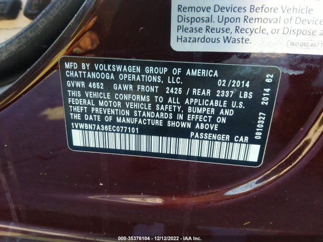 1VWBN7A36EC077101 Volkswagen Passat Tdi Se W/sunroof & Nav