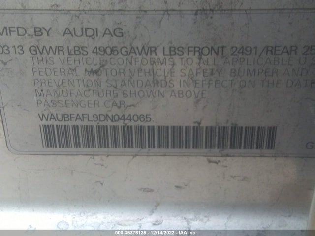 2013 AUDI A4 PREMIUM VIN: WAUBFAFL9DN044065