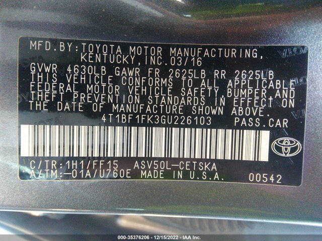 2016 TOYOTA CAMRY XLE/SE/LE/XSE VIN: 4T1BF1FK3GU226103
