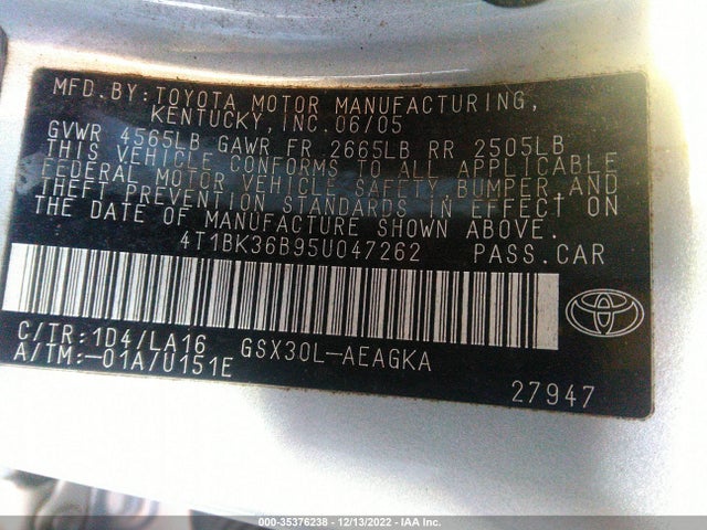 2005 TOYOTA AVALON XL/TOURING/XLS/LIMITED VIN: 4T1BK36B95U047262