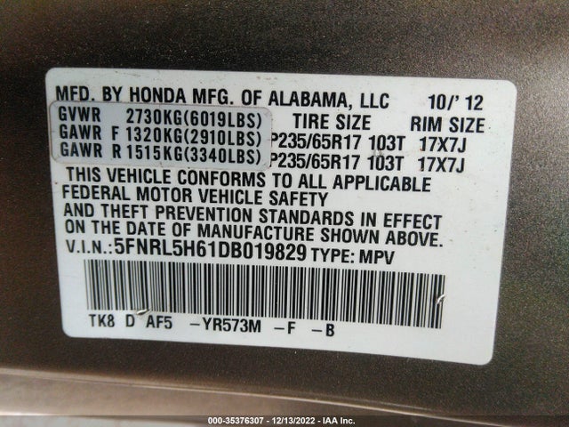 2013 HONDA ODYSSEY EX-L VIN: 5FNRL5H61DB019829