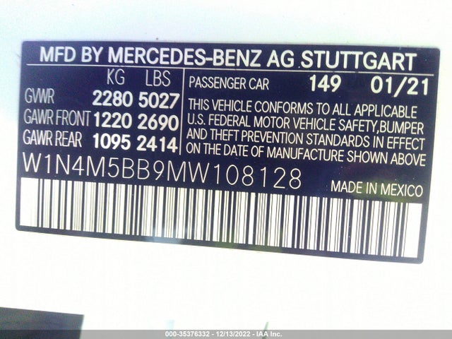 2021 Mercedes-Benz GLB-Class, VIN: W1N4M5BB9MW108128