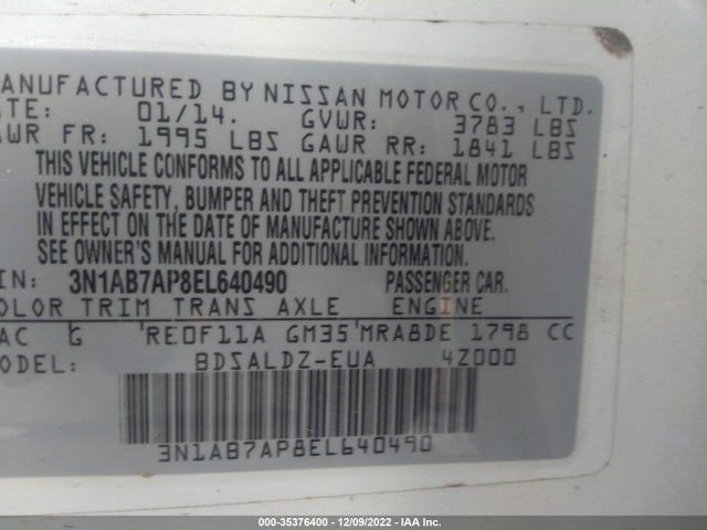 2014 NISSAN SENTRA S/FE+ S/SV/FE+ SV/SR/SL VIN: 3N1AB7AP8EL640490