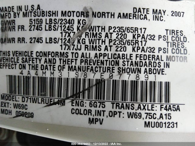 4A4MM31S87E077891 Mitsubishi Endeavor Se