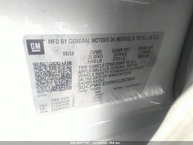 2019 CHEVROLET SILVERADO 1500 LT VIN: 3GCPWCED0KG257894