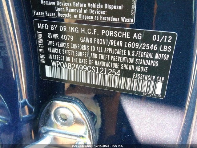 2012 PORSCHE 911 991 CARRERA S VIN: WP0AB2A99CS121254