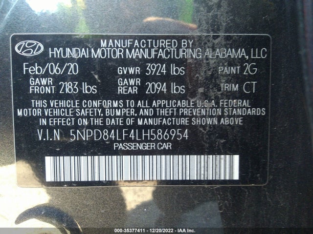 2020 HYUNDAI ELANTRA LIMITED VIN: 5NPD84LF4LH586954