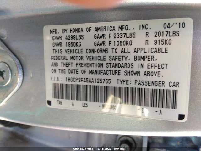 2010 HONDA ACCORD SDN LX-P VIN: 1HGCP2F45AA125765