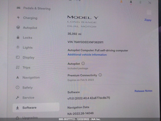 2022 TESLA MODEL Y LONG RANGE VIN: 7SAYGDEEXNF362911