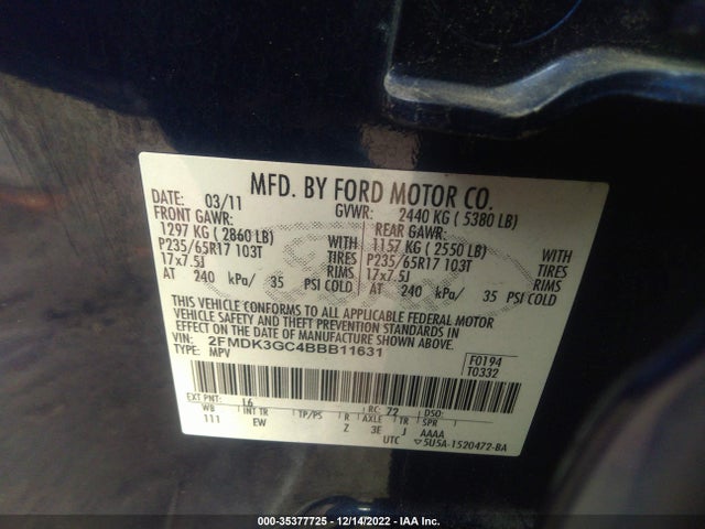 2011 FORD EDGE SE VIN: 2FMDK3GC4BBB11631