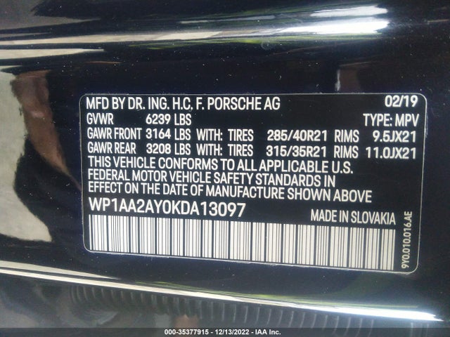 2019 Porsche Cayenne, VIN: WP1AA2AY0KDA13097