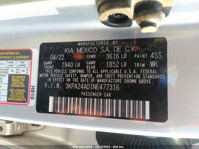 2022 KIA RIO LX VIN: 3KPA24AD1NE477316