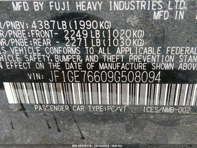 2009 SUBARU IMPREZA SEDAN WRX W/PREMIUM PKG VIN: JF1GE76609G508094