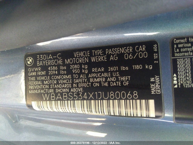 2001 BMW 3 SERIES 330CI VIN: WBABS534X1JU80068