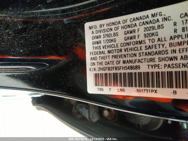 2015 HONDA CIVIC SEDAN EX VIN: 2HGFB2F85FH548689