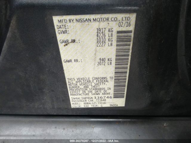 1N4AL3AP4GN336746 Nissan Altima 2.5 Sl/2.5 Sr/2.5 Sv/2.5/2.5 S