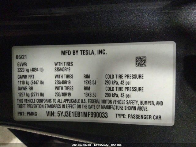 Tesla Model 3 Long Range 2021 5YJ3E1EB1MF990033 Image 9