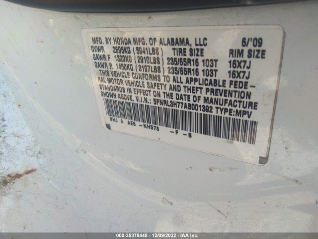 2010 HONDA ODYSSEY EX-L VIN: 5FNRL3H77AB001392