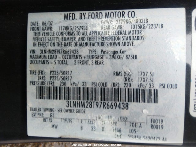 Lincoln MKZ 2007 3LNHM28T97R669438 Image 9