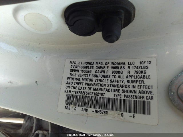 2012 HONDA CIVIC SDN LX VIN: 19XFB2F59CE102167