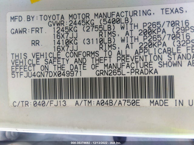 2013 TOYOTA TACOMA PRERUNNER VIN: 5TFJU4GN7DX049971