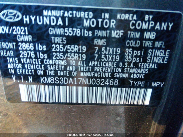 2022 Hyundai Santa Fe, VIN: KM8S3DA17NU032468