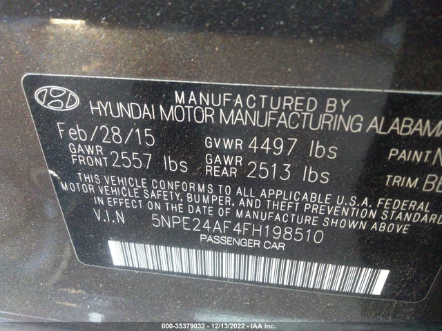 2015 HYUNDAI SONATA 2.4L SE VIN: 5NPE24AF4FH198510