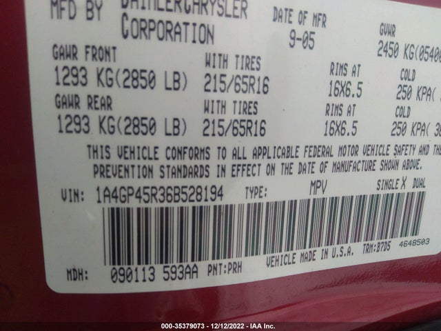 2006 CHRYSLER TOWN & COUNTRY SWB VIN: 1A4GP45R36B528194