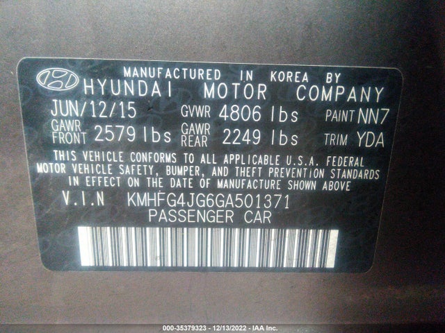 2016 Hyundai Azera, VIN: KMHFG4JG6GA501371