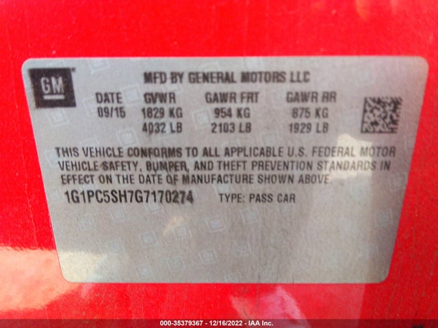 2016 CHEVROLET CRUZE LIMITED LS VIN: 1G1PC5SH7G7170274