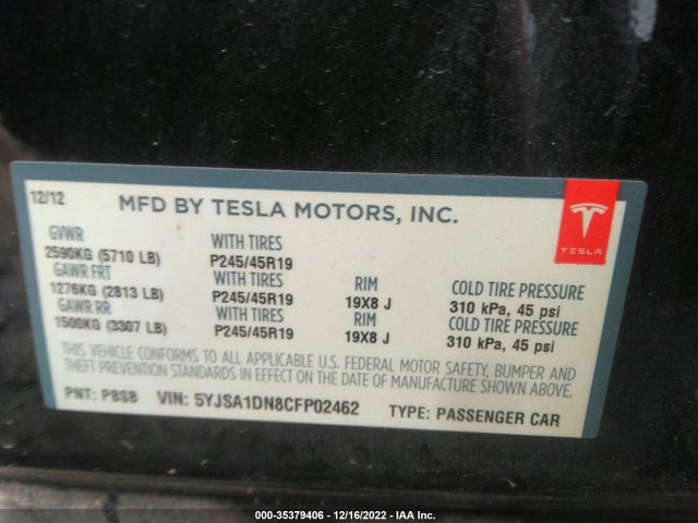 Tesla MODEL S 2012 5YJSA1DN8CFP02462 Image 9