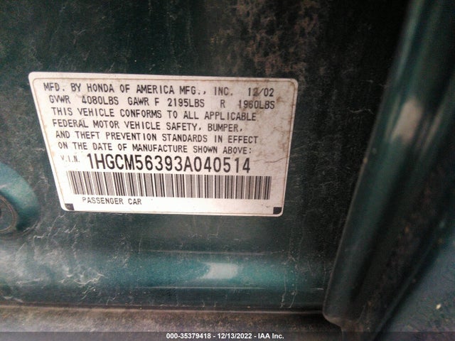 2003 HONDA ACCORD SDN LX VIN: 1HGCM56393A040514