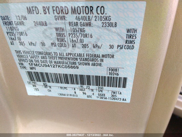 2007 FORD ESCAPE LIMITED VIN: 1FMCU94127KC05869