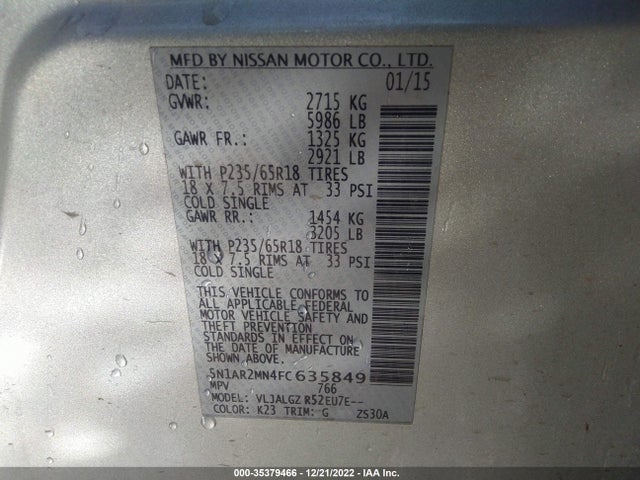 Nissan Pathfinder S/sv/platinum/sl 2015 5N1AR2MN4FC635849 Image 10