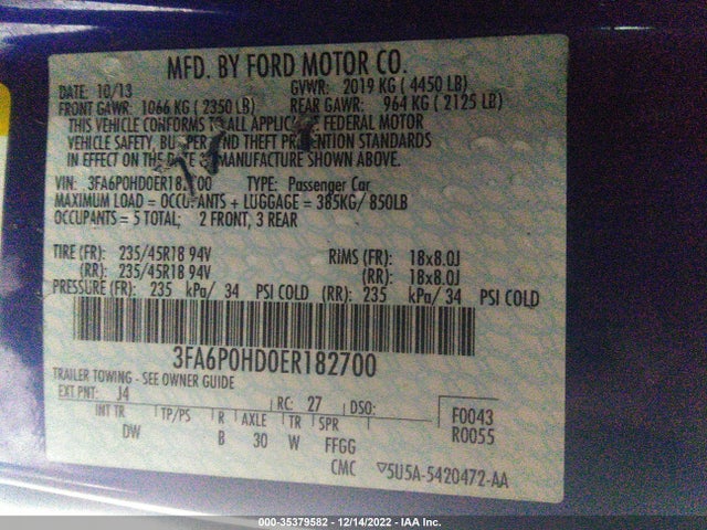 2014 FORD FUSION SE VIN: 3FA6P0HD0ER182700